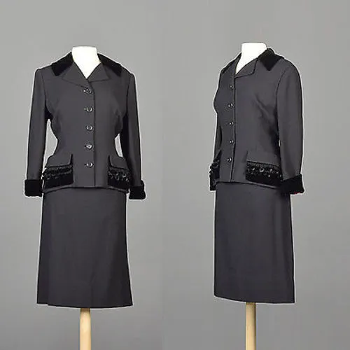 1950s Black Skirt Suit with Hourglass Shape