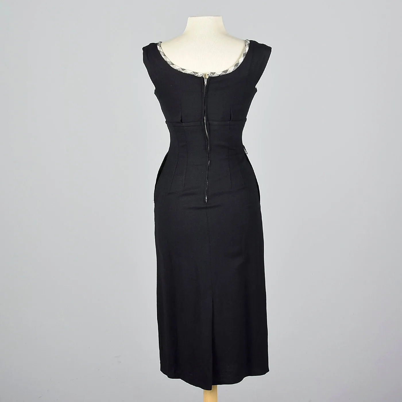 1950s Black Wiggle Dress with Gingham Trim and Jacket