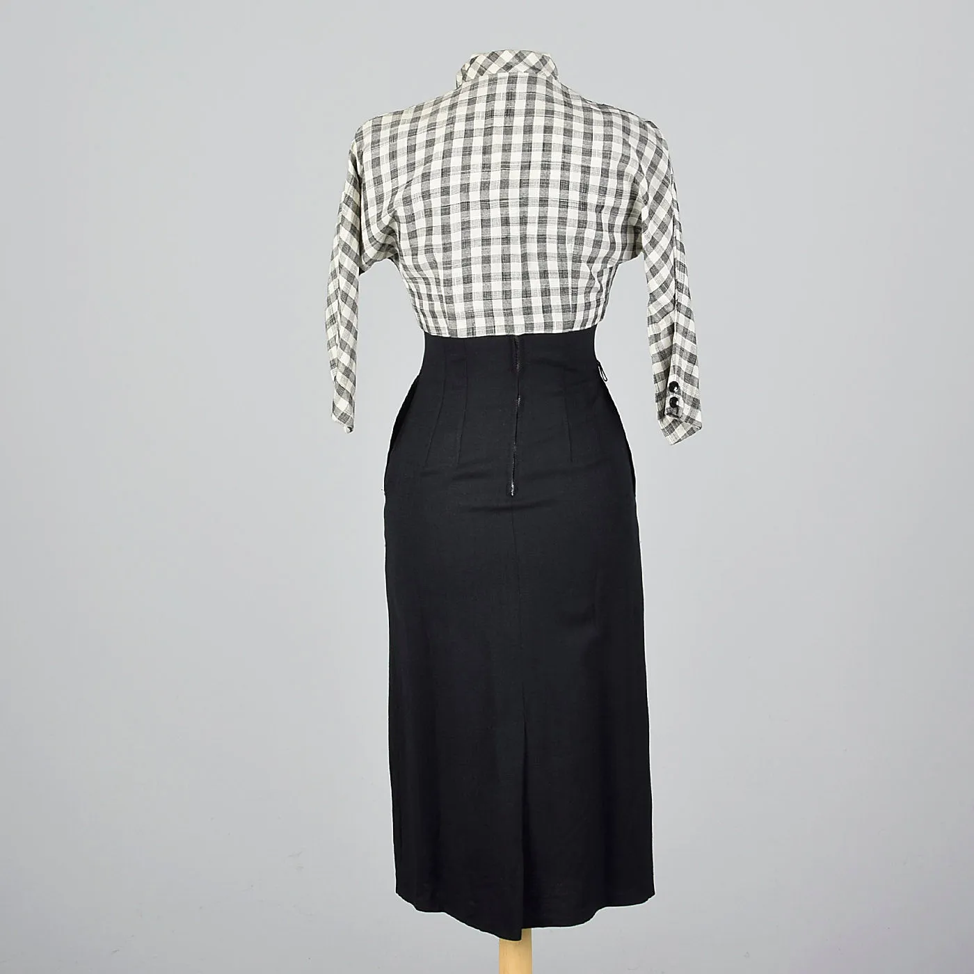 1950s Black Wiggle Dress with Gingham Trim and Jacket
