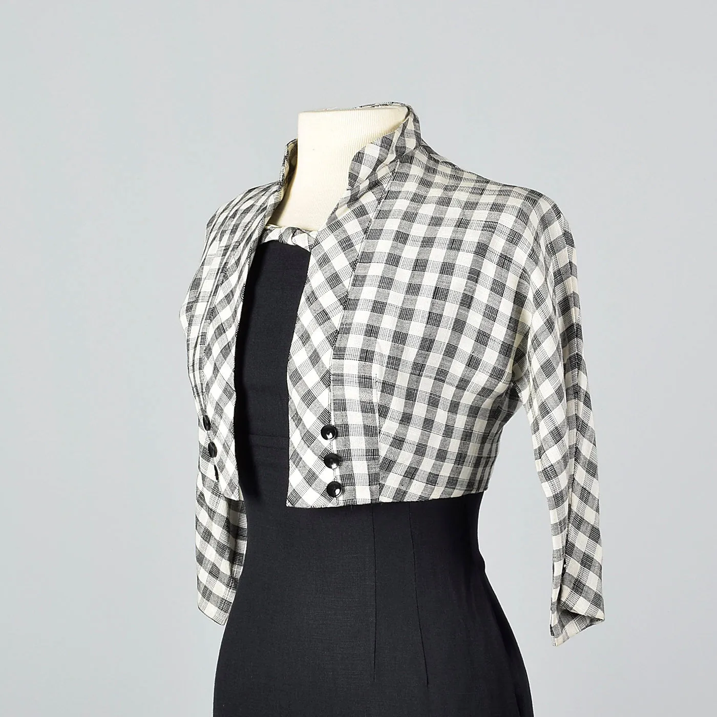 1950s Black Wiggle Dress with Gingham Trim and Jacket