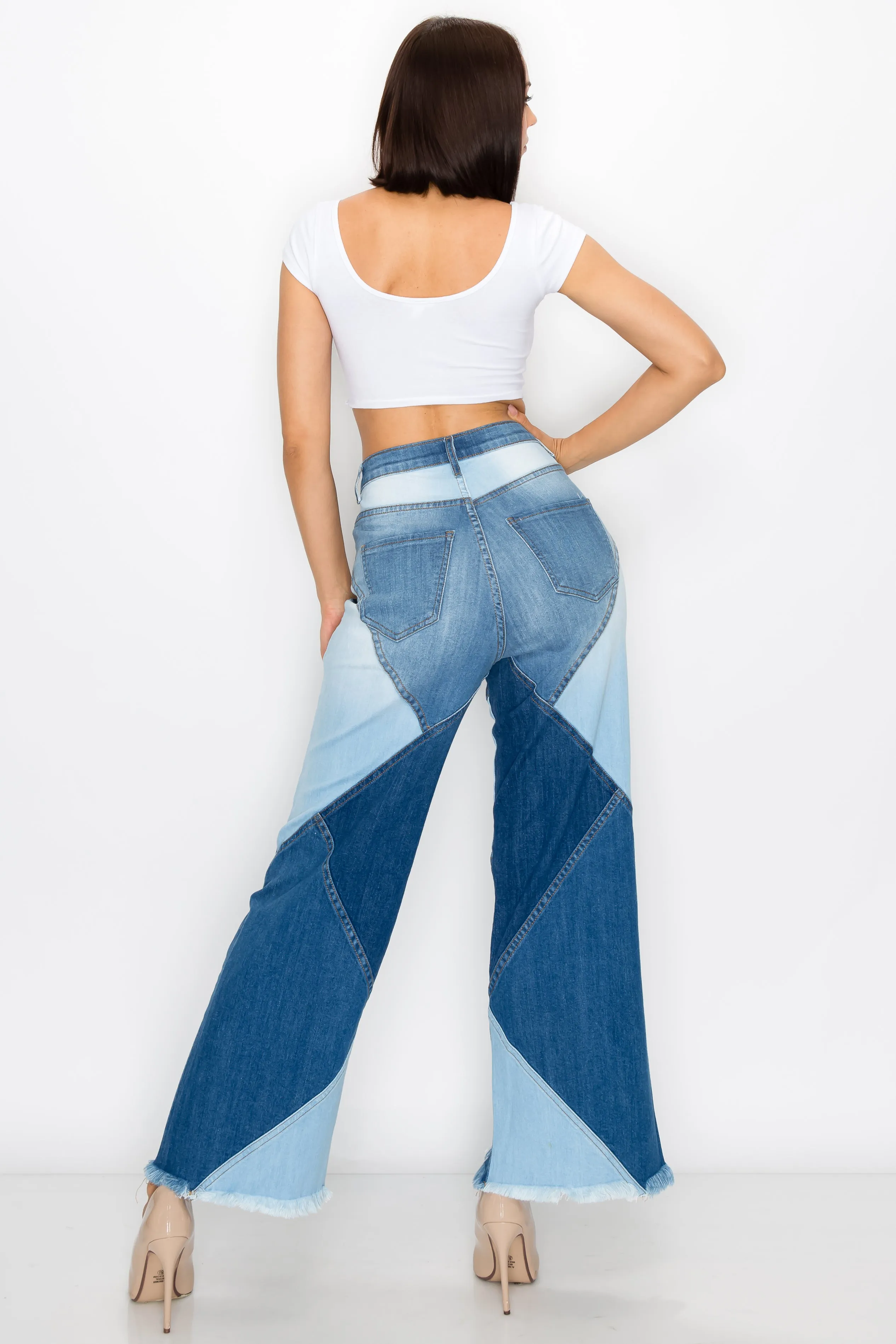 40268 Women's High Waisted Wide Jeans with Multi Shade Panel