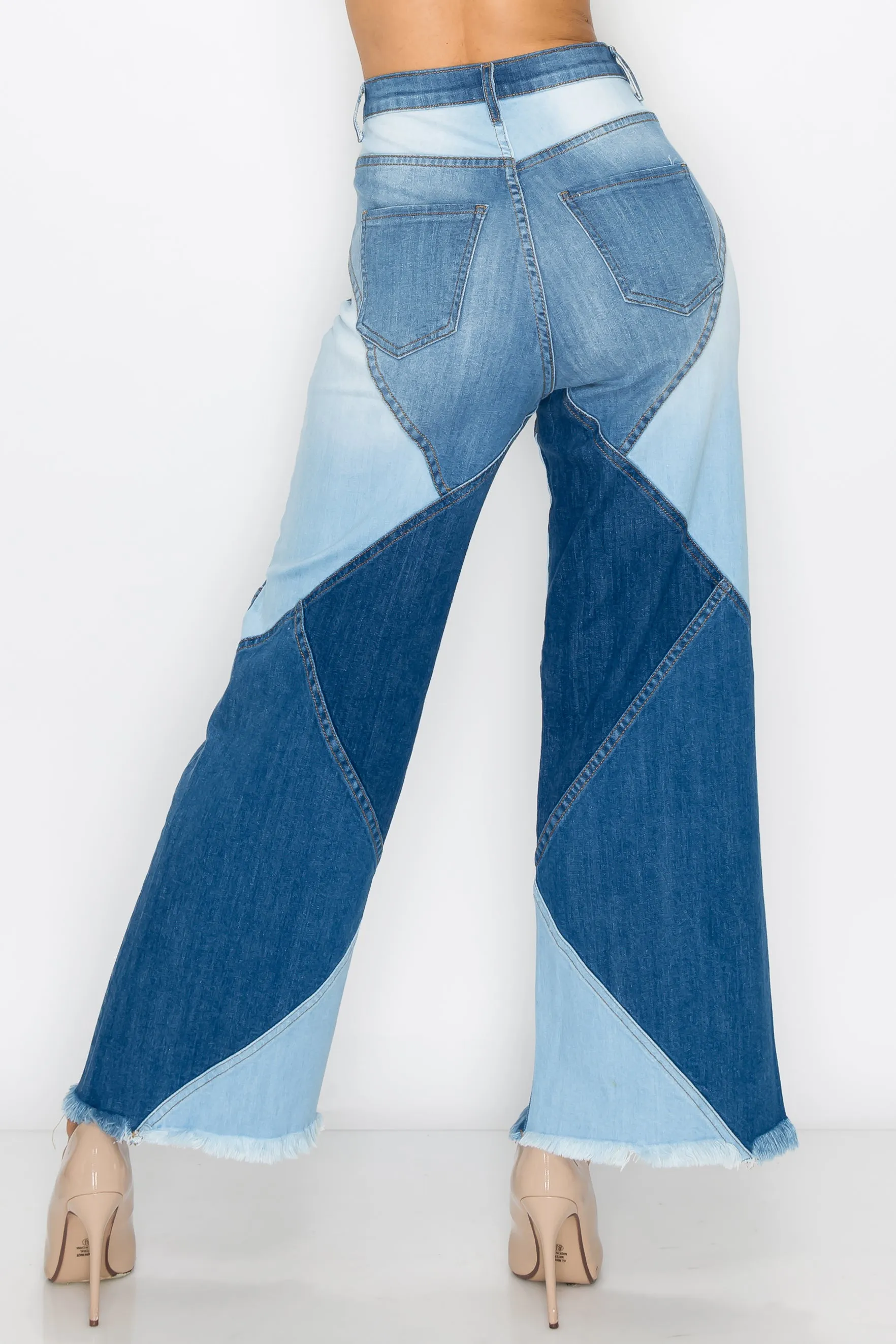 40268 Women's High Waisted Wide Jeans with Multi Shade Panel