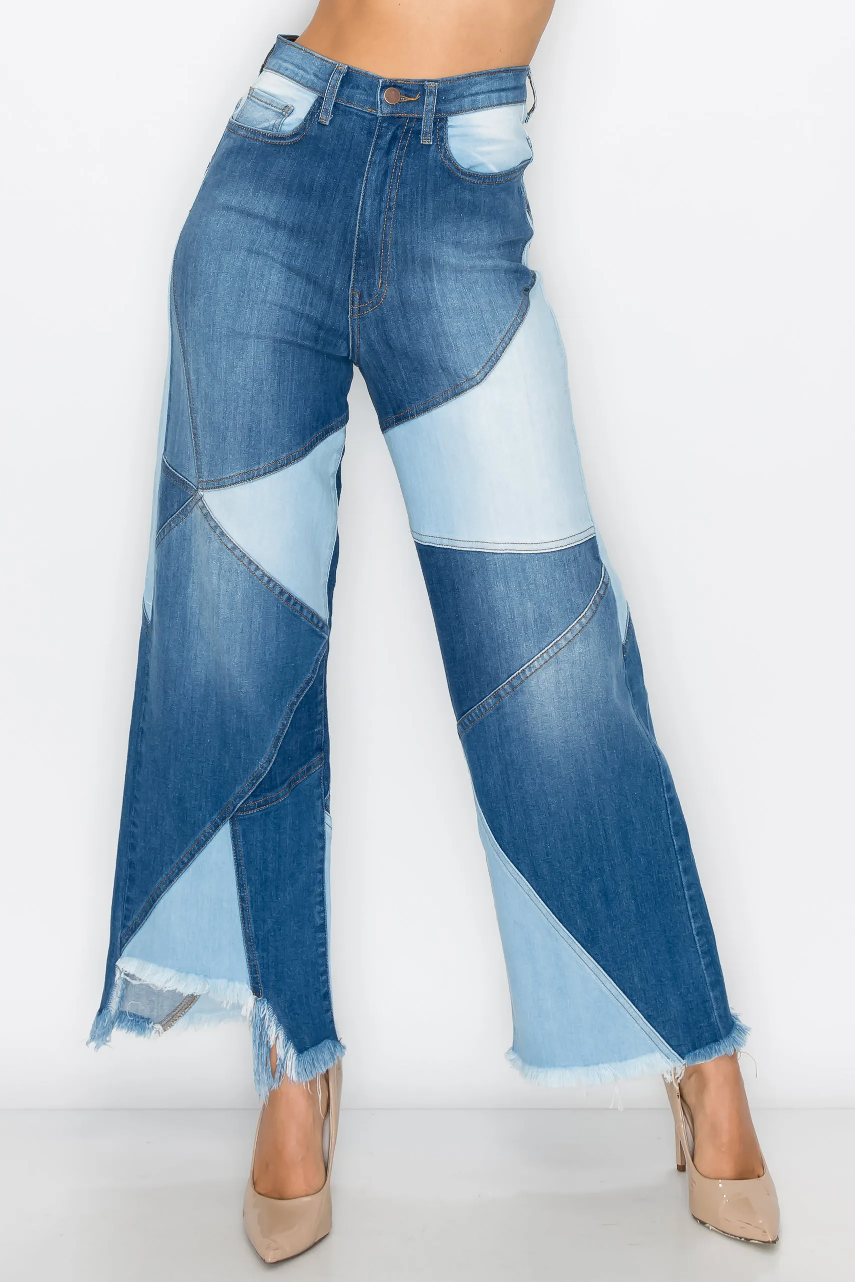 40268 Women's High Waisted Wide Jeans with Multi Shade Panel