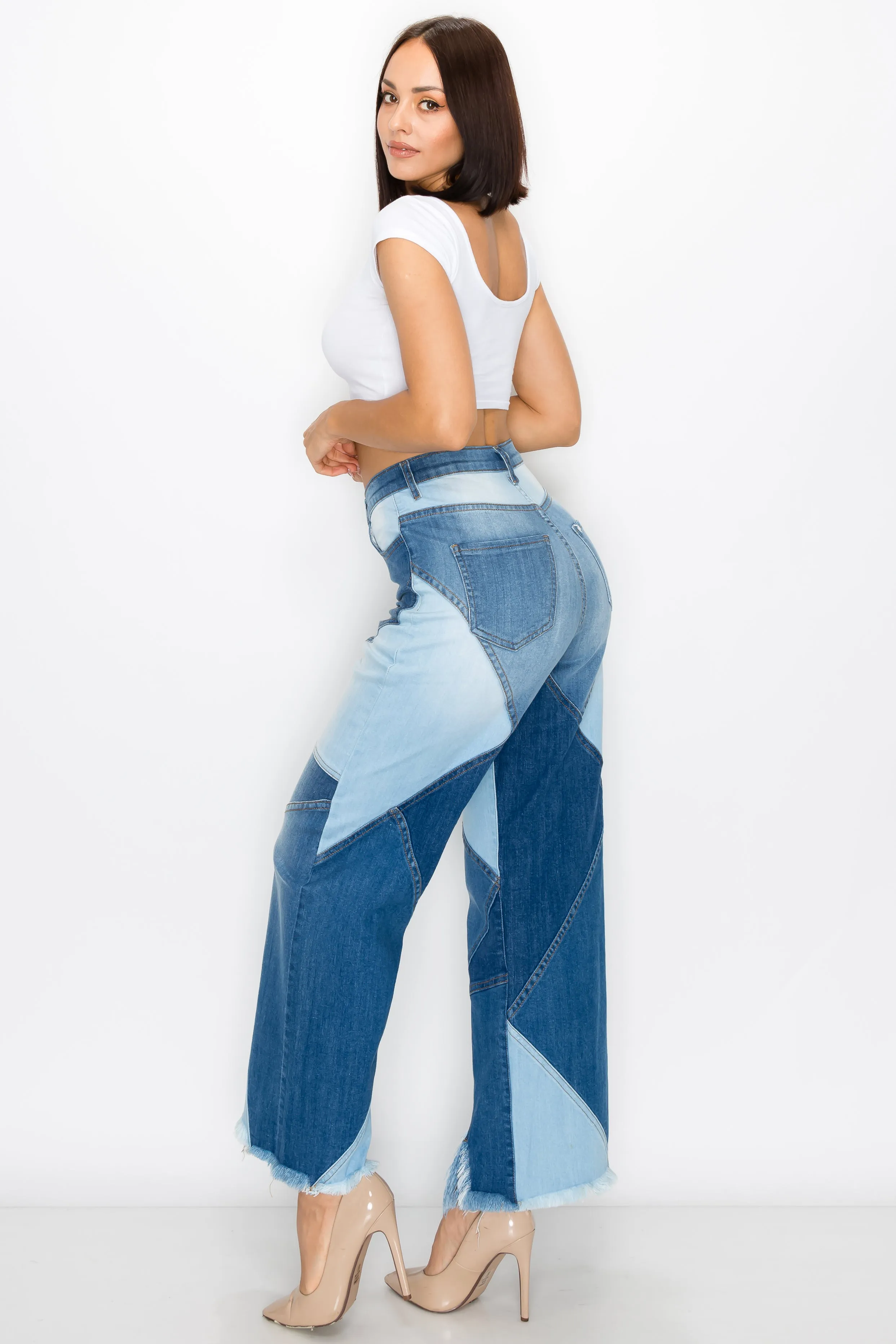 40268 Women's High Waisted Wide Jeans with Multi Shade Panel