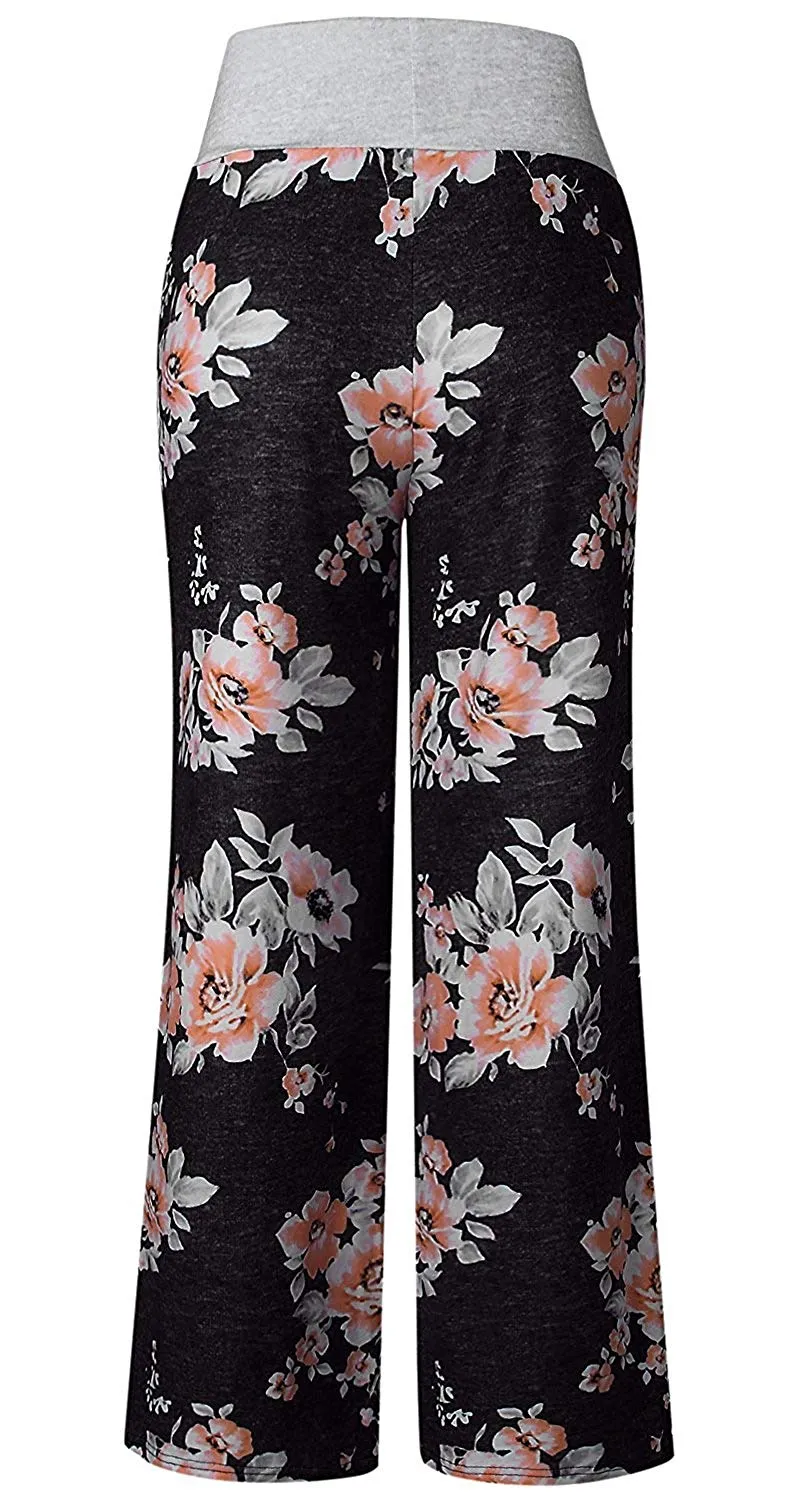 AMiERY - Pantalones de mujer con estampado floral y cordón para salón Palazzo
