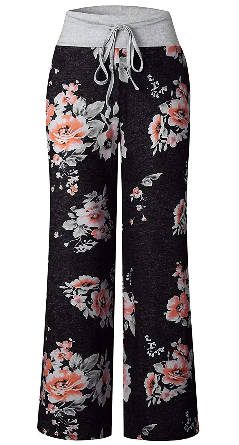 AMiERY - Pantalones de mujer con estampado floral y cordón para salón Palazzo