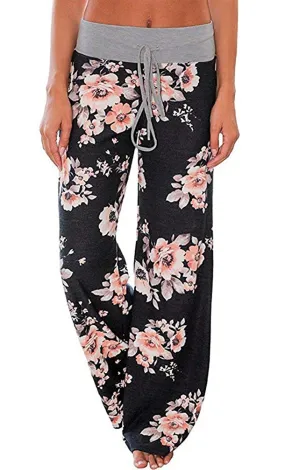 AMiERY - Pantalones de mujer con estampado floral y cordón para salón Palazzo