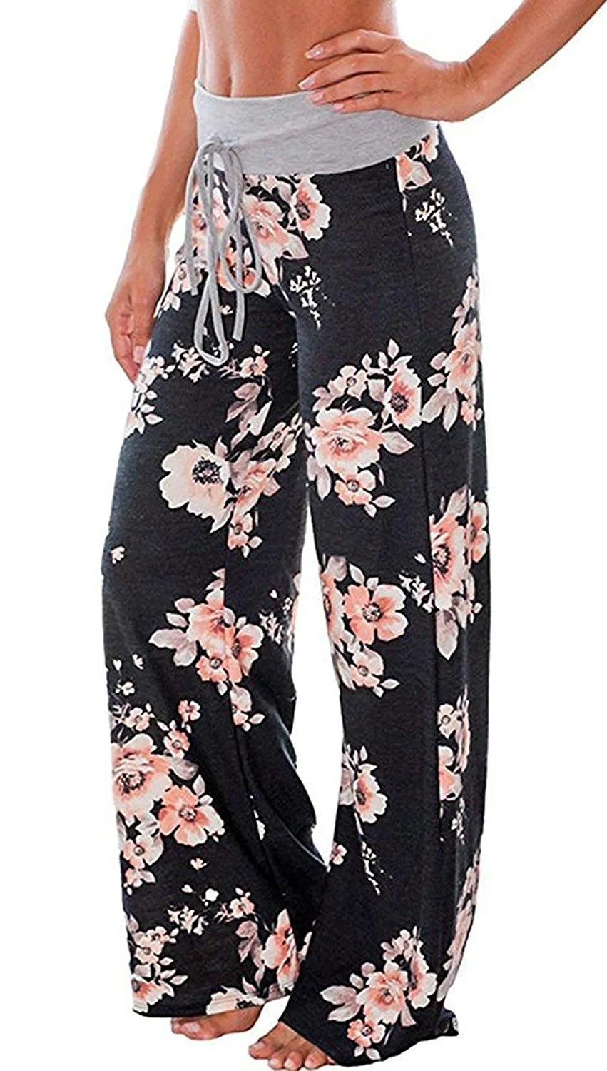 AMiERY - Pantalones de mujer con estampado floral y cordón para salón Palazzo