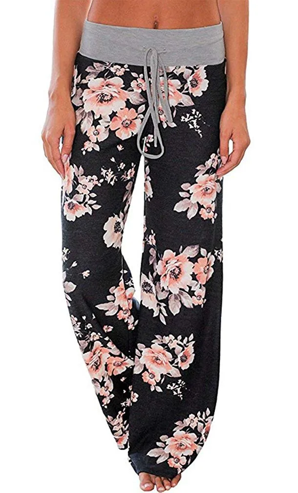 AMiERY - Pantalones de mujer con estampado floral y cordón para salón Palazzo