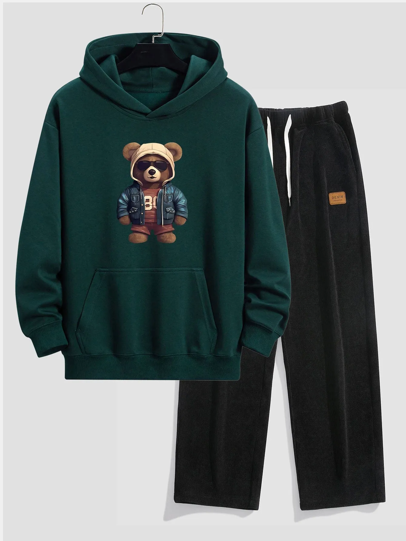 Bear In Leather Jacket Print Relax Fit Hoodie & Straight Leg Corduroy Pants