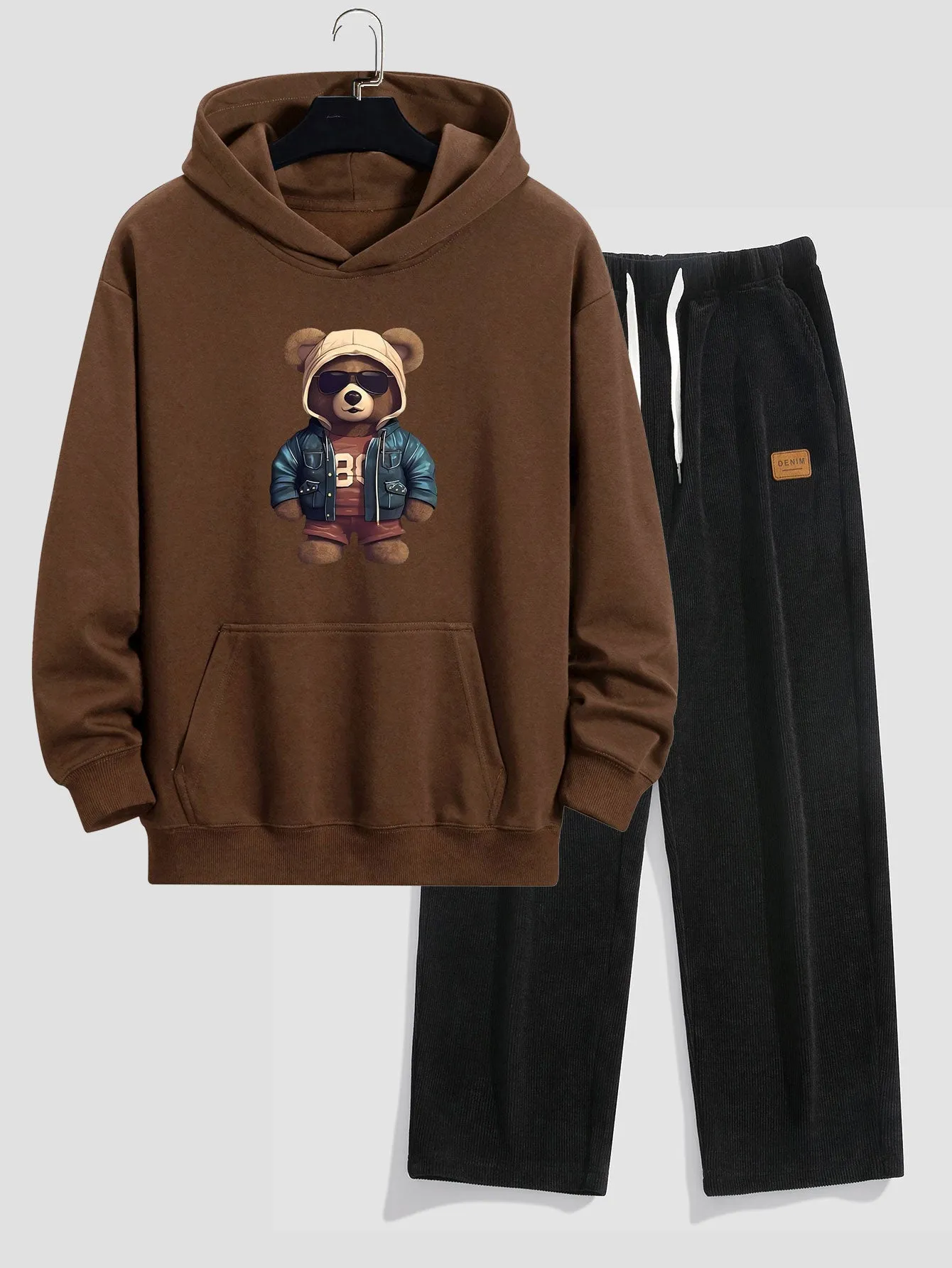 Bear In Leather Jacket Print Relax Fit Hoodie & Straight Leg Corduroy Pants
