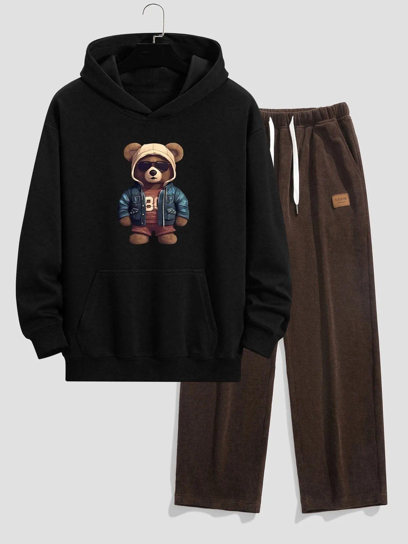 Bear In Leather Jacket Print Relax Fit Hoodie & Straight Leg Corduroy Pants