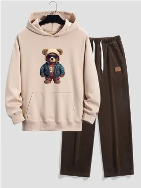 Bear In Leather Jacket Print Relax Fit Hoodie & Straight Leg Corduroy Pants