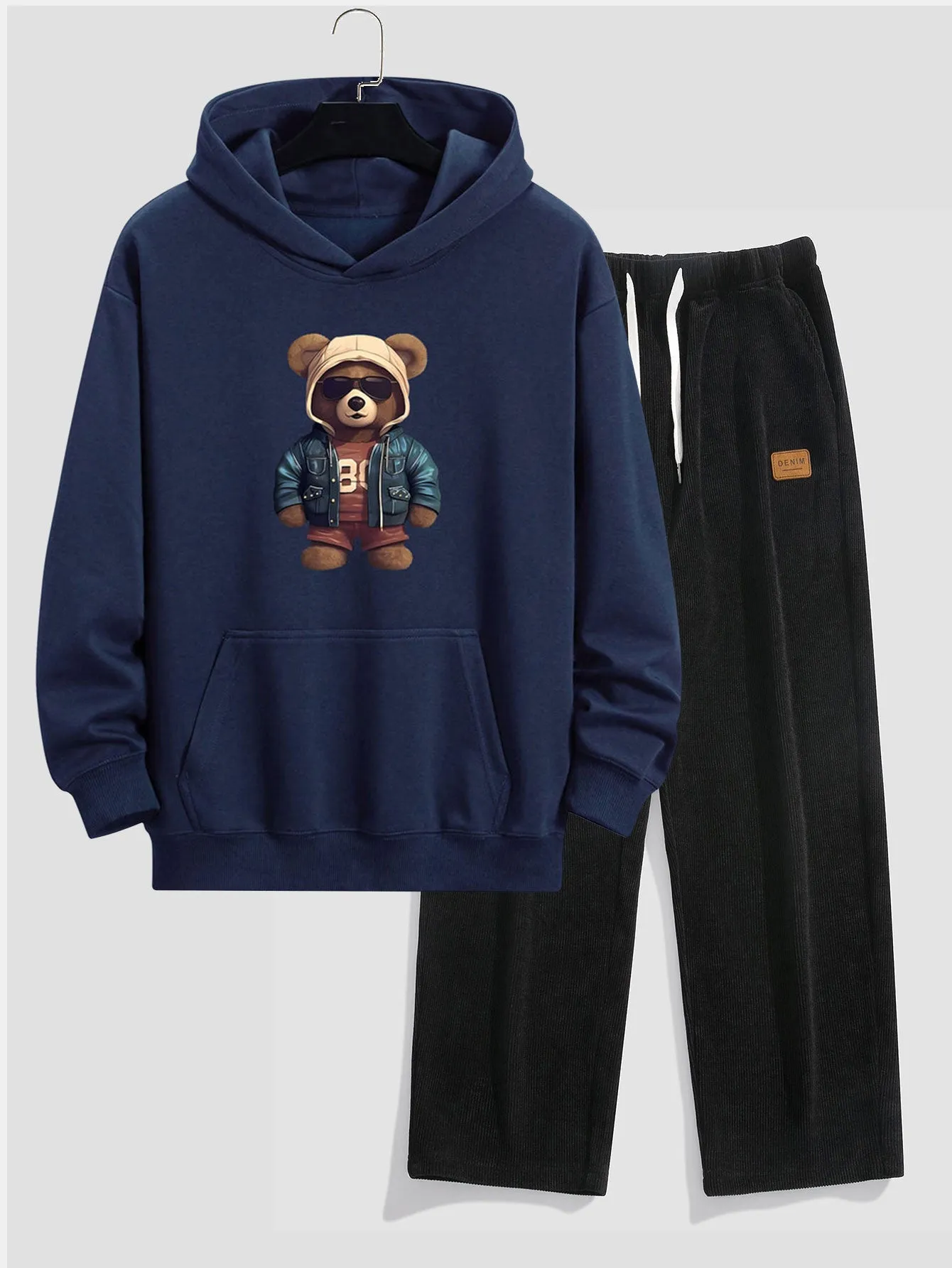 Bear In Leather Jacket Print Relax Fit Hoodie & Straight Leg Corduroy Pants