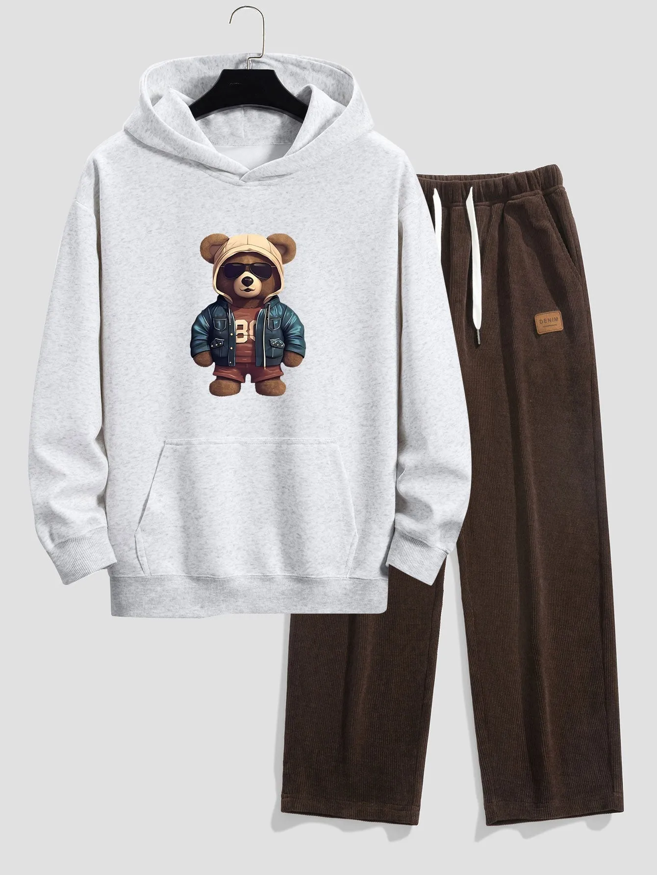 Bear In Leather Jacket Print Relax Fit Hoodie & Straight Leg Corduroy Pants