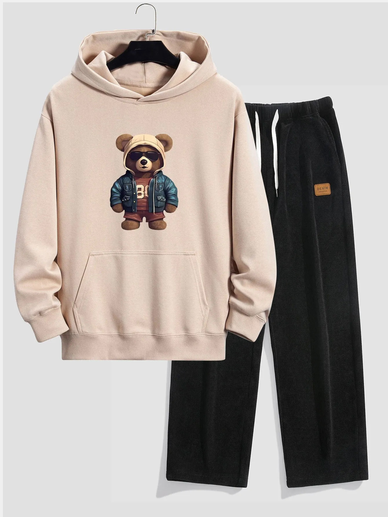 Bear In Leather Jacket Print Relax Fit Hoodie & Straight Leg Corduroy Pants