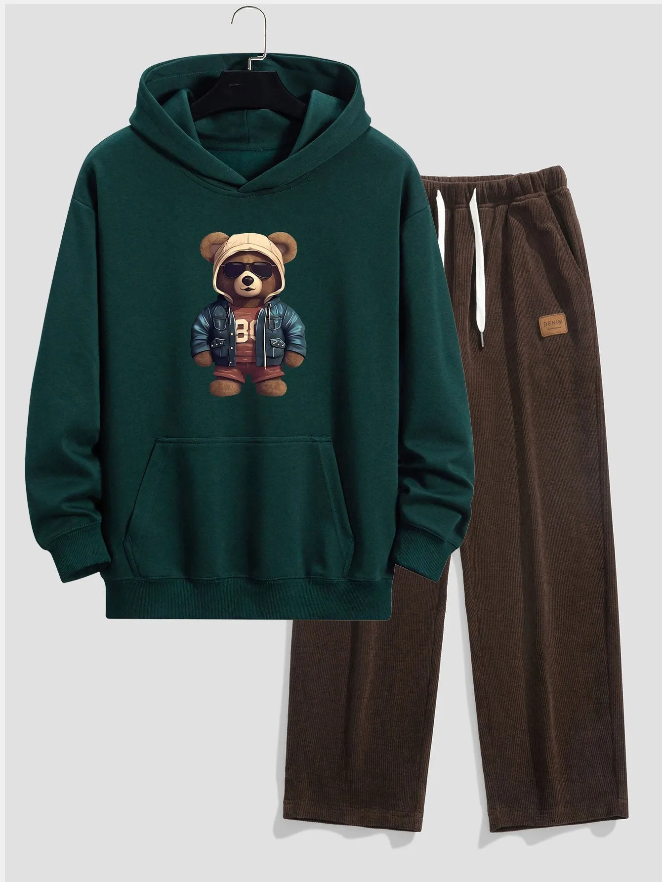 Bear In Leather Jacket Print Relax Fit Hoodie & Straight Leg Corduroy Pants