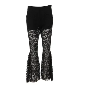 Black Semi Sheer Floral Trim Motif Wide Leg Flared Pants