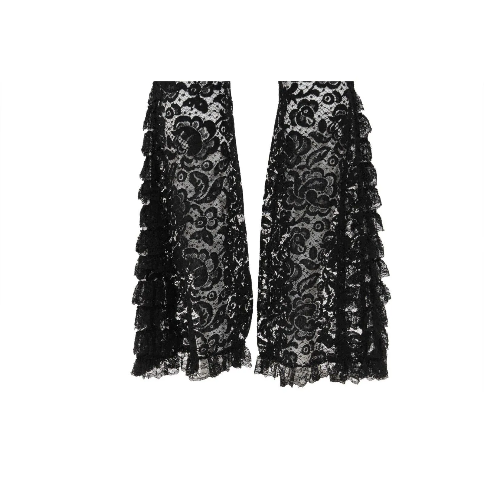 Black Semi Sheer Floral Trim Motif Wide Leg Flared Pants