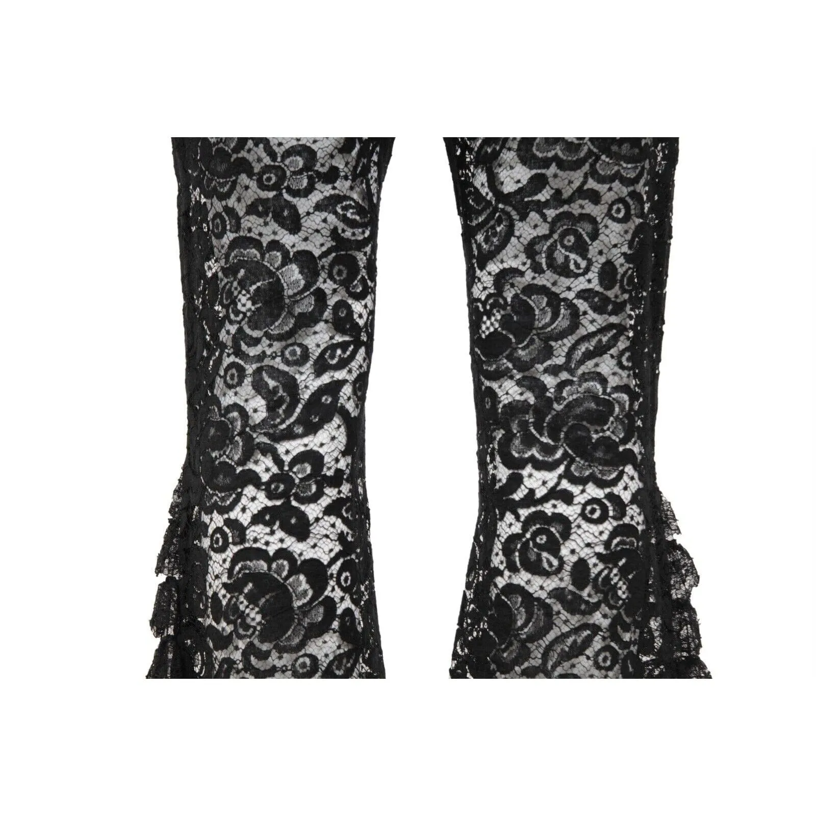 Black Semi Sheer Floral Trim Motif Wide Leg Flared Pants