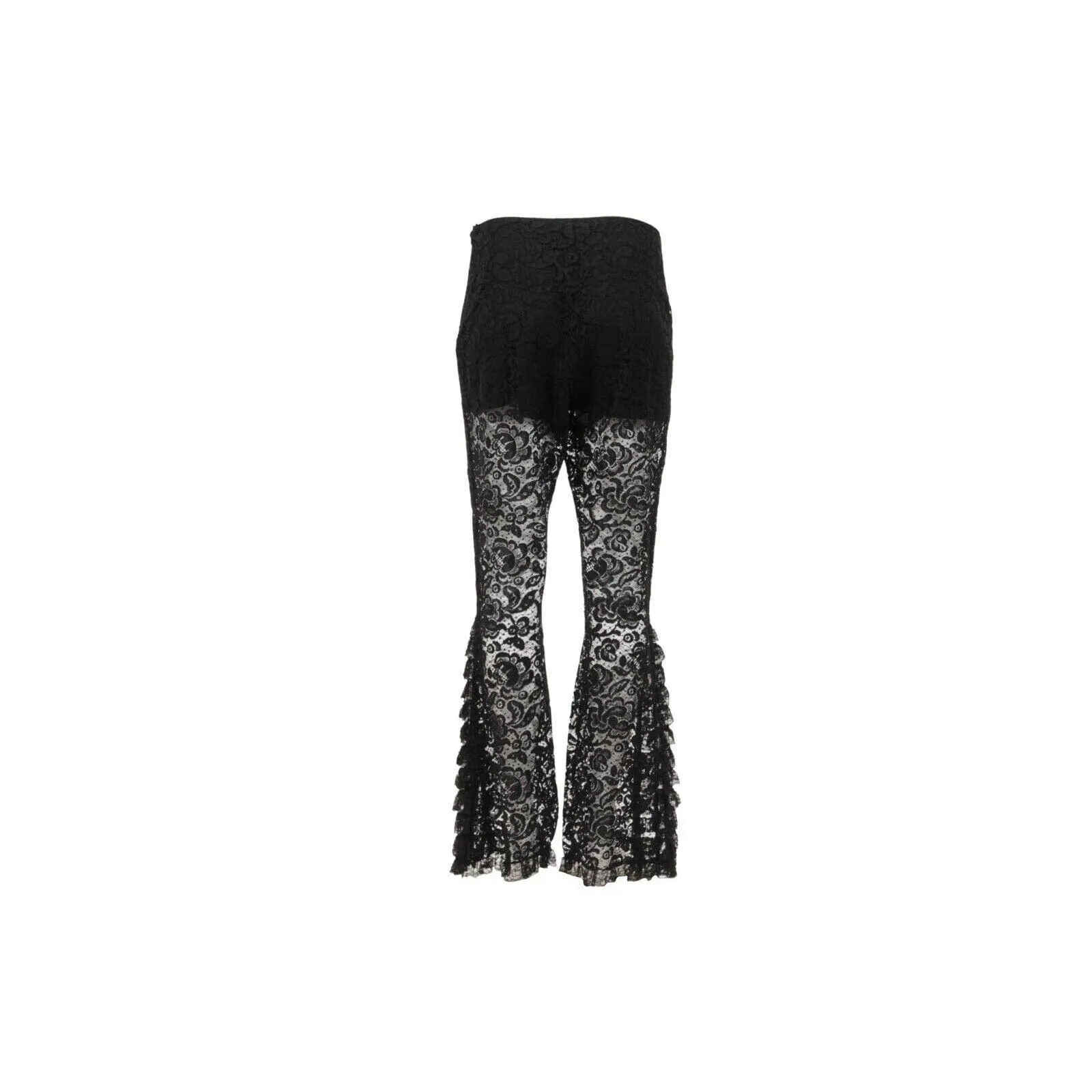 Black Semi Sheer Floral Trim Motif Wide Leg Flared Pants