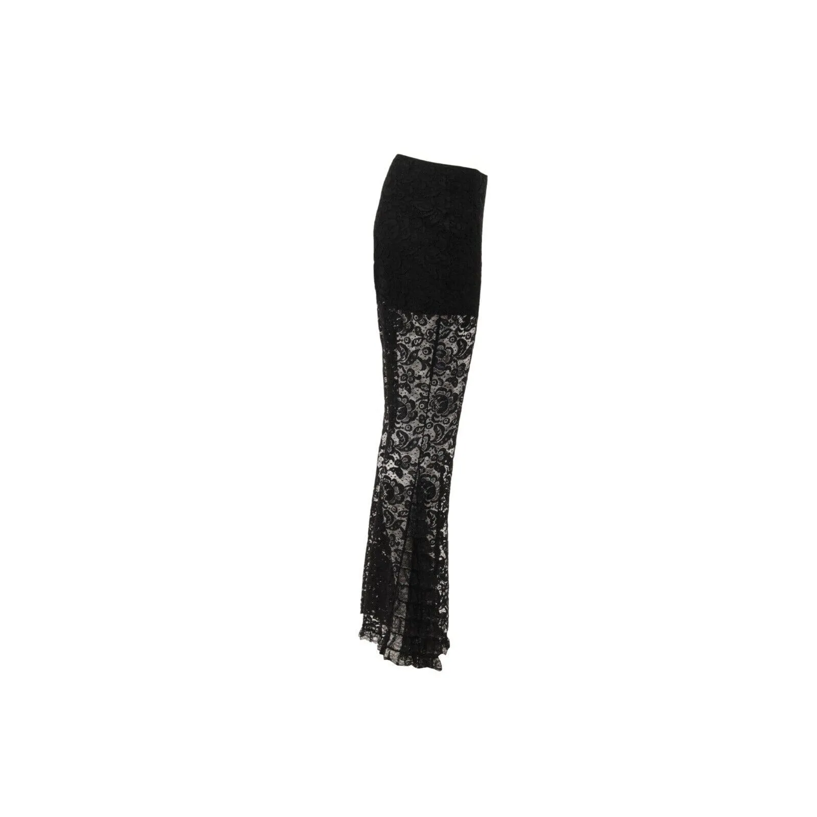Black Semi Sheer Floral Trim Motif Wide Leg Flared Pants