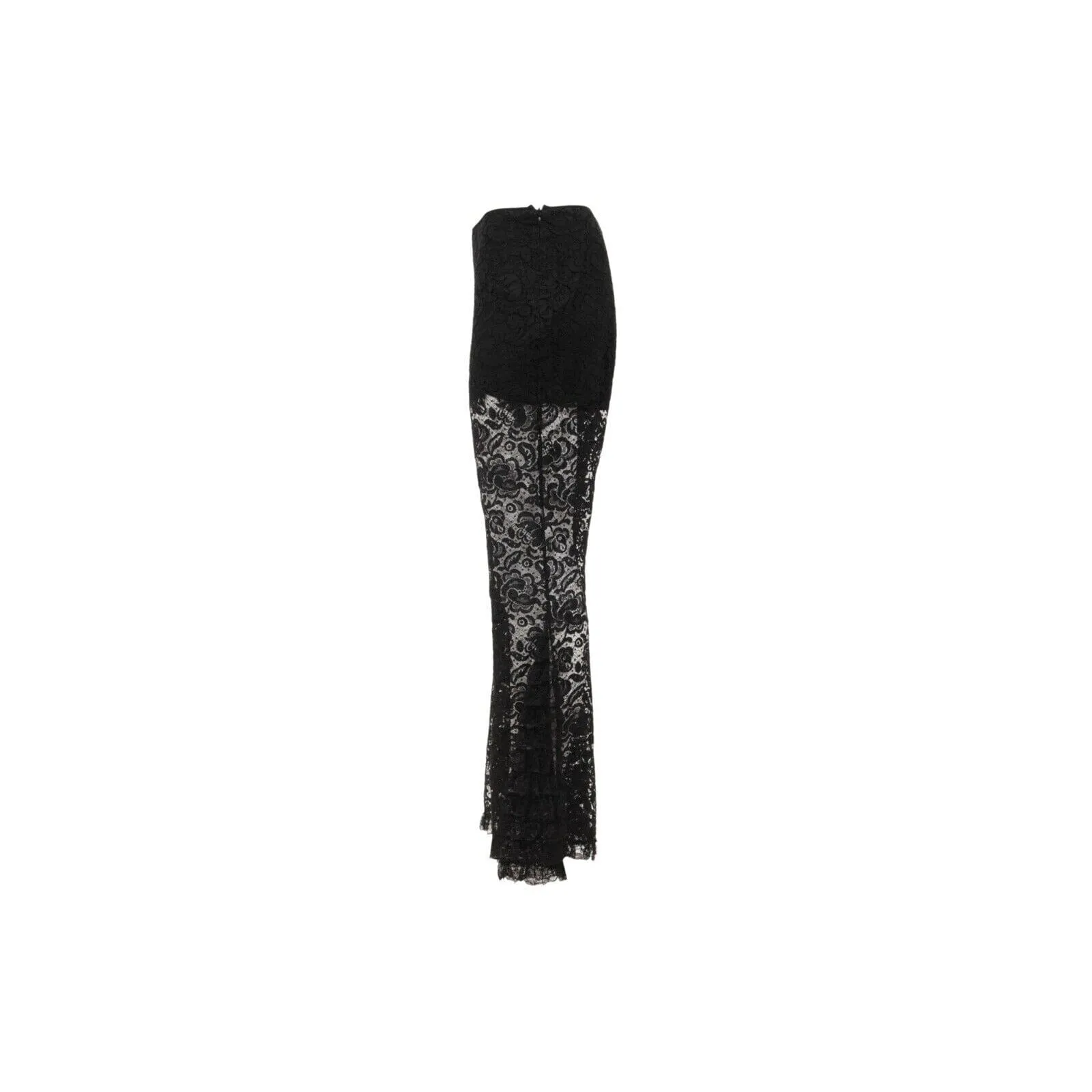 Black Semi Sheer Floral Trim Motif Wide Leg Flared Pants