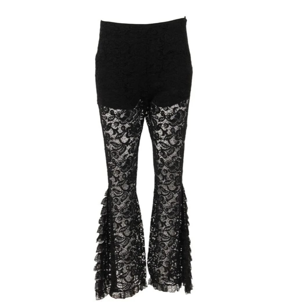Black Semi Sheer Floral Trim Motif Wide Leg Flared Pants