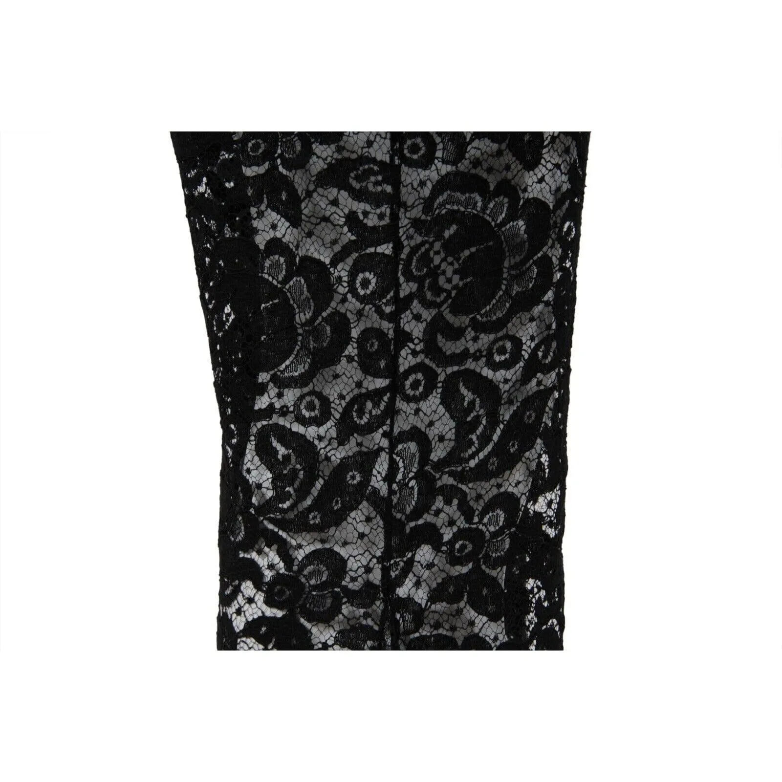 Black Semi Sheer Floral Trim Motif Wide Leg Flared Pants