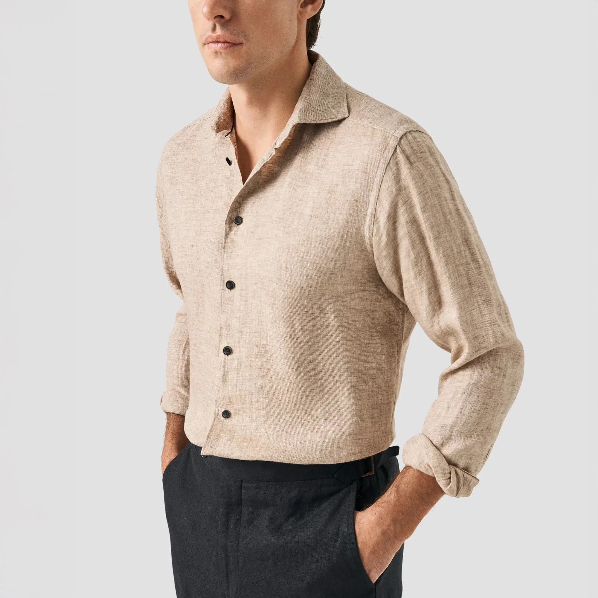 Brown Solid Linen Twill Slim Fit Shirt - ETON