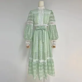 Cut Out Vintage Midi Dress For Women Stand Collar Lantern Sleeve High Waist Colorblock Long Dresses Female Clothing