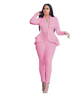 Fastkoala 2 Piece Outfits for Women - Sexy Deep V Neck Long Sleeve   Fashionable Ruffles Overalls Bodycon Jumpsuits Rompers Pink XXL