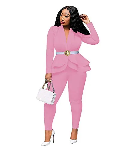 Fastkoala 2 Piece Outfits for Women - Sexy Deep V Neck Long Sleeve   Fashionable Ruffles Overalls Bodycon Jumpsuits Rompers Pink XXL
