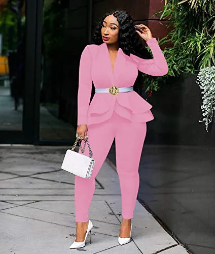 Fastkoala 2 Piece Outfits for Women - Sexy Deep V Neck Long Sleeve   Fashionable Ruffles Overalls Bodycon Jumpsuits Rompers Pink XXL