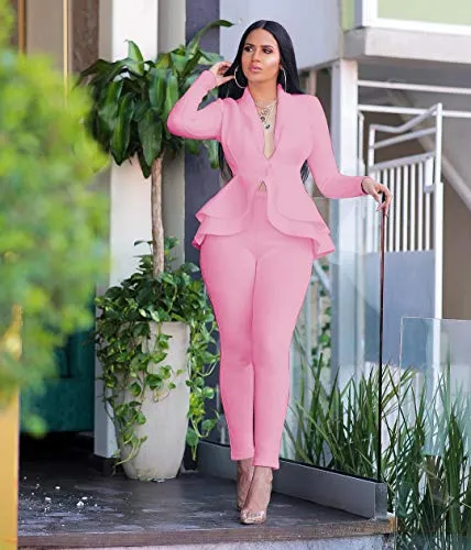 Fastkoala 2 Piece Outfits for Women - Sexy Deep V Neck Long Sleeve   Fashionable Ruffles Overalls Bodycon Jumpsuits Rompers Pink XXL