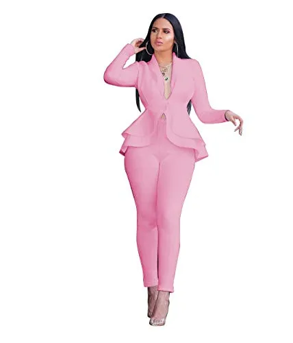 Fastkoala 2 Piece Outfits for Women - Sexy Deep V Neck Long Sleeve   Fashionable Ruffles Overalls Bodycon Jumpsuits Rompers Pink XXL