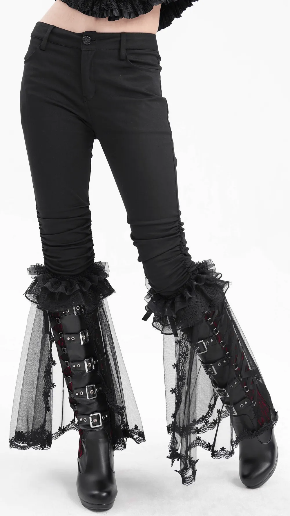 Gothic Ruched Pants with Tulle and Lace Flare Hem