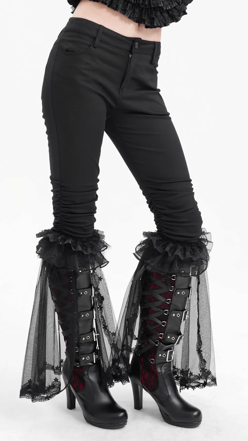 Gothic Ruched Pants with Tulle and Lace Flare Hem