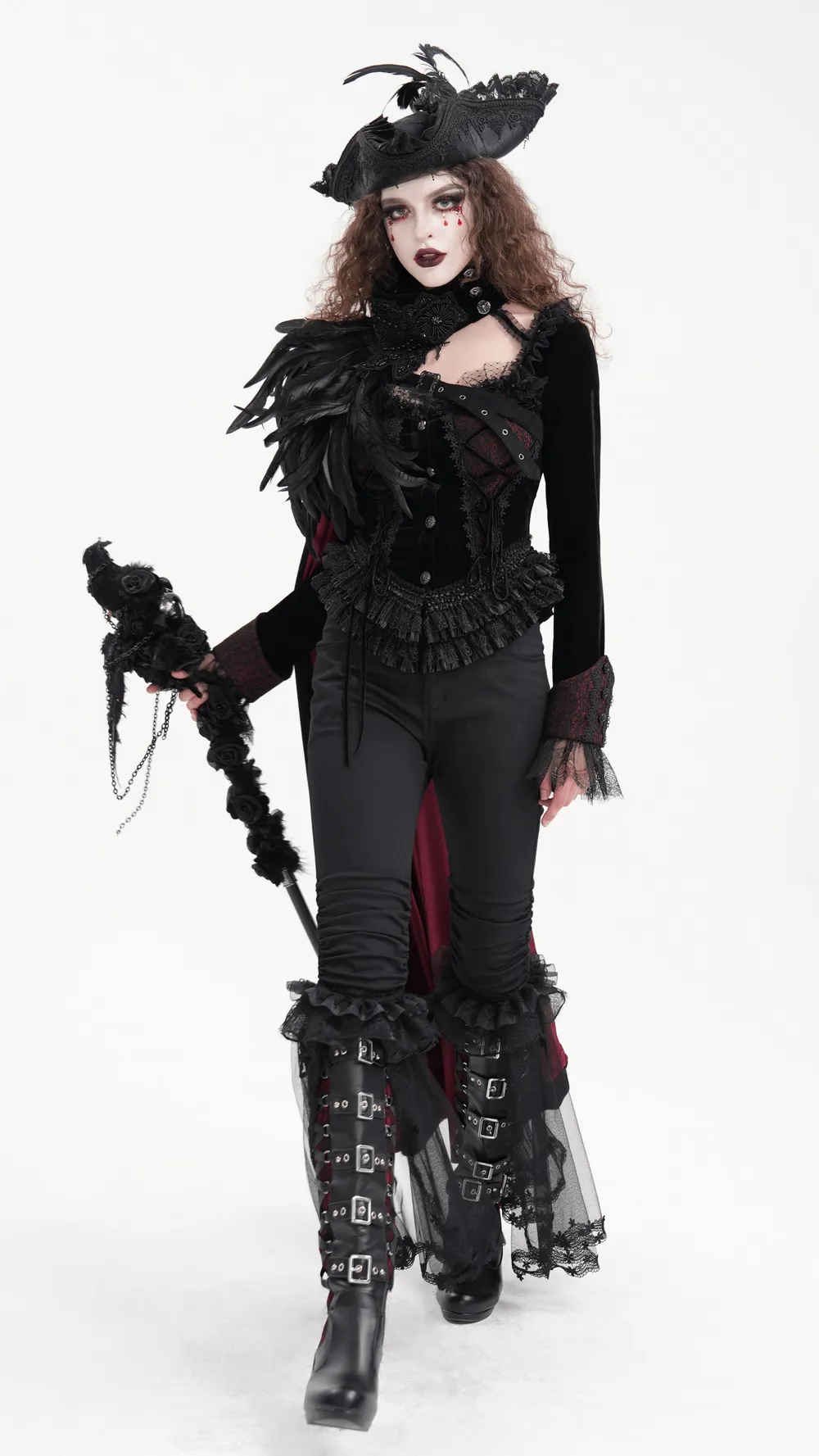 Gothic Ruched Pants with Tulle and Lace Flare Hem