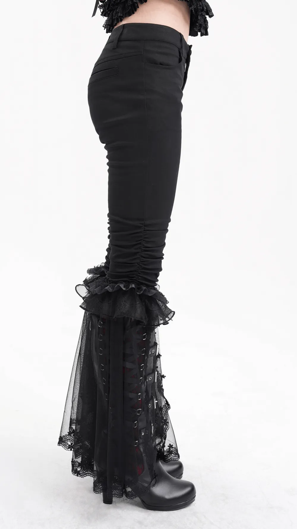 Gothic Ruched Pants with Tulle and Lace Flare Hem