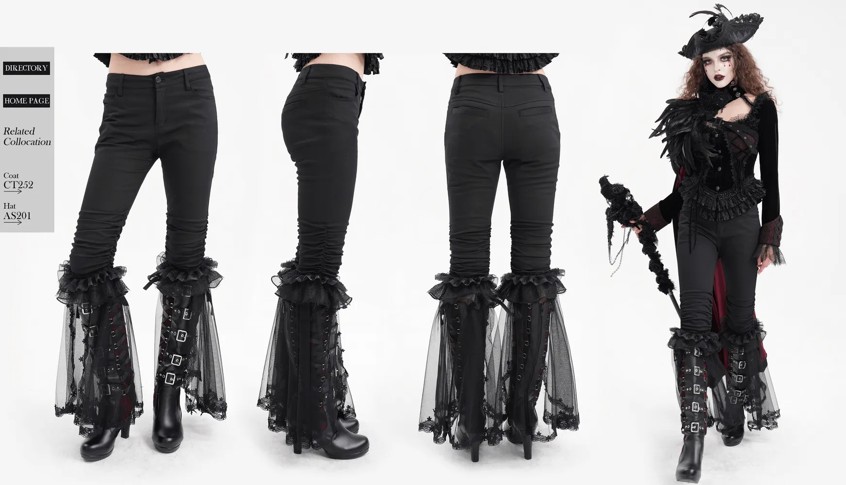 Gothic Ruched Pants with Tulle and Lace Flare Hem