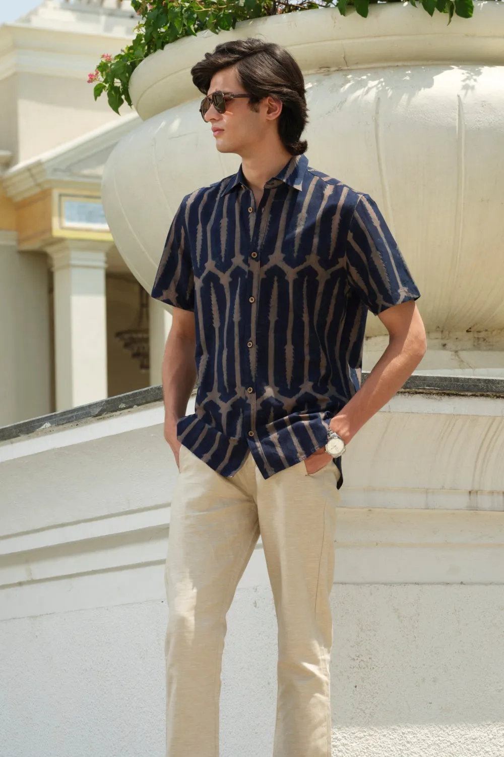 Vasudhaa Vastrram Sanmoh - Men's Organic Block Printed Linen and Bamboo Indigo Blue Half Sleeve Shirt