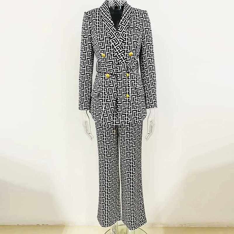 Women Chic Maze Double Breasted Belted Blazer   Elastic Waist Trousers Pants Suit