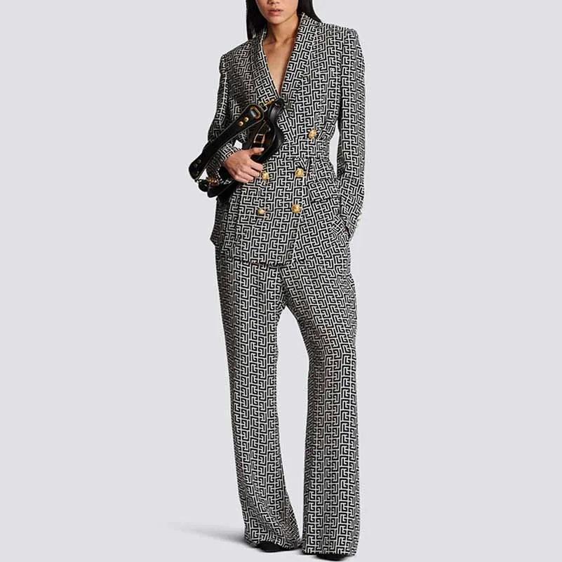 Women Chic Maze Double Breasted Belted Blazer   Elastic Waist Trousers Pants Suit
