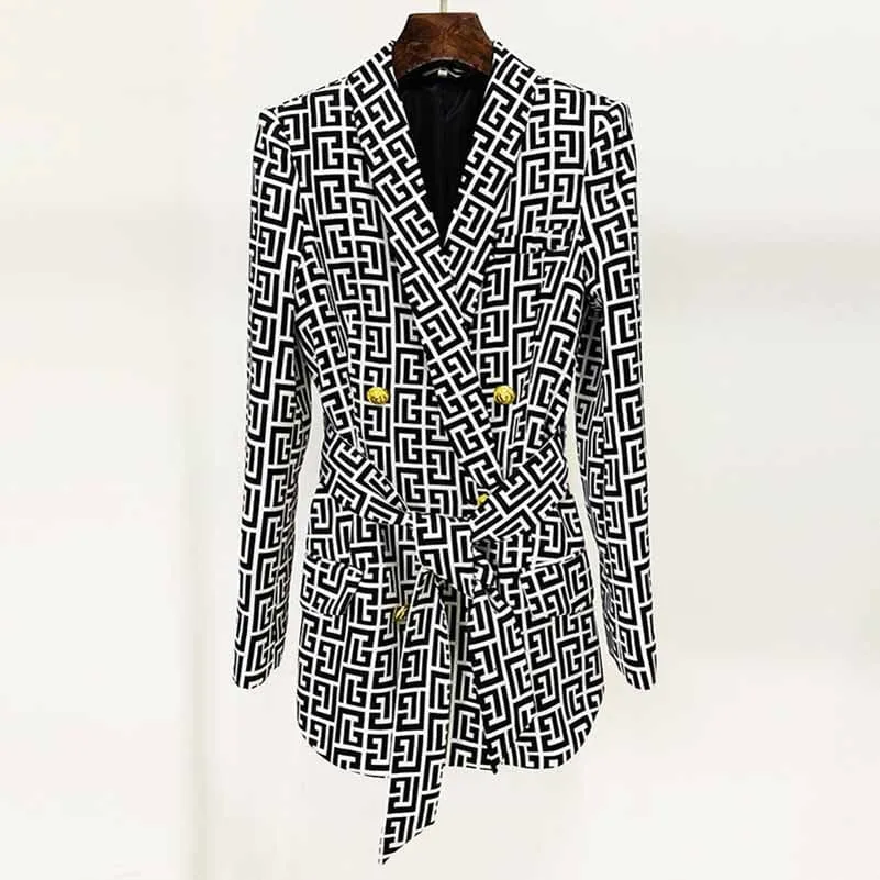 Women Chic Maze Double Breasted Belted Blazer   Elastic Waist Trousers Pants Suit