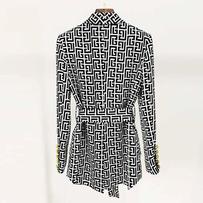 Women Chic Maze Double Breasted Belted Blazer   Elastic Waist Trousers Pants Suit
