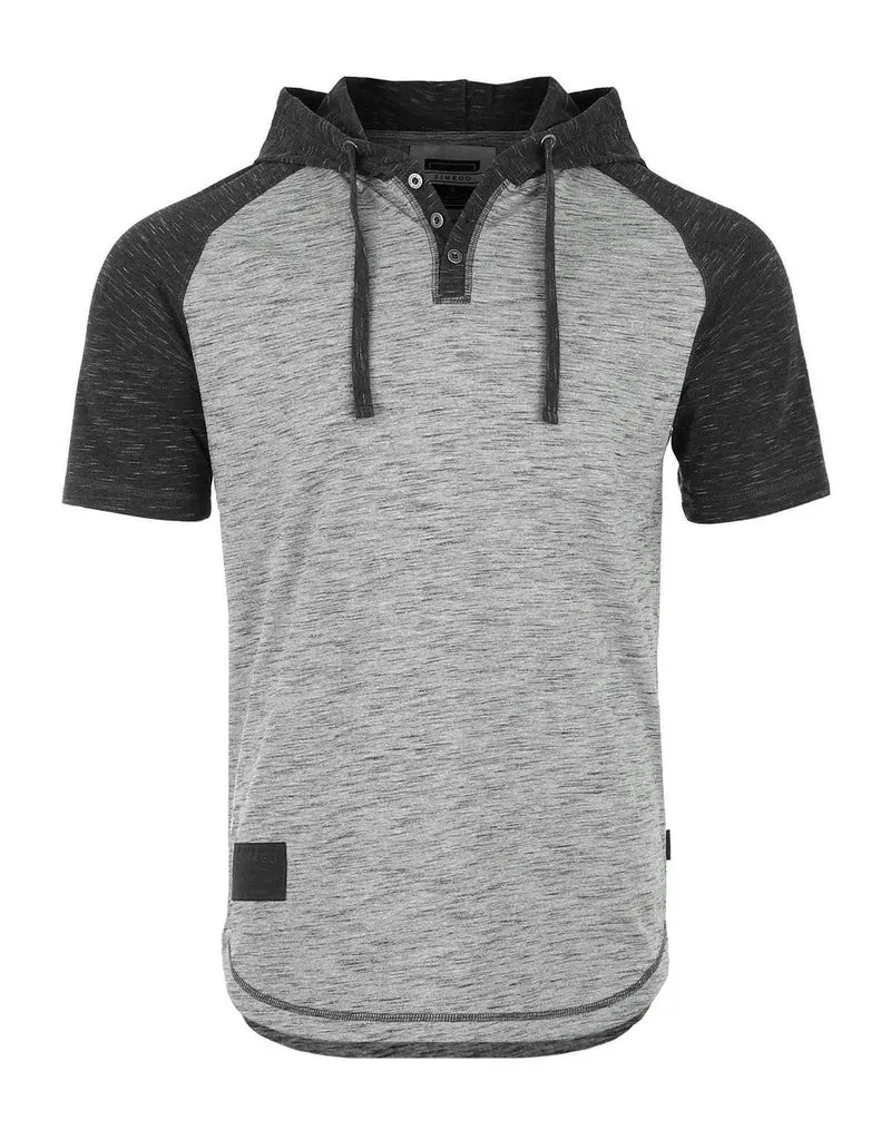 ZIMEGO Short Sleeve Raglan Henley Hoodie Round Bottom Semi Longline T-Shirt